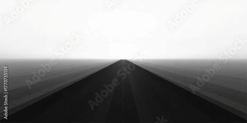 Minimalist black and white perspective of an empty road stretching towards a bright horizon