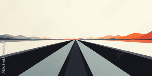 Expansive open road stretching towards a distant horizon with mountain silhouettes