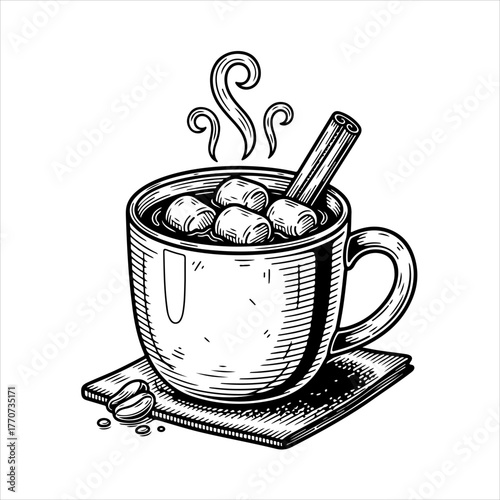 A hand-drawn sketch of a steaming mug of hot chocolate or coffee with marshmallows, a cinnamon stick, and coffee beans.