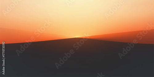 Serene desert landscape at sunset with warm orange sky and silhouetted rolling hills
