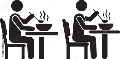 Two figures eating soup from bowls at tables in a black silhouette