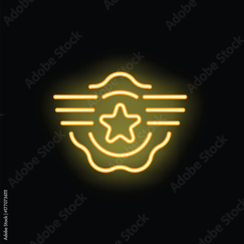 Neon sign of military rank insignia with star and stripes glowing yellow on black background