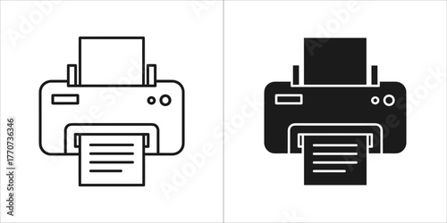 Printer icon set, depicting both a line art version and a solid black version