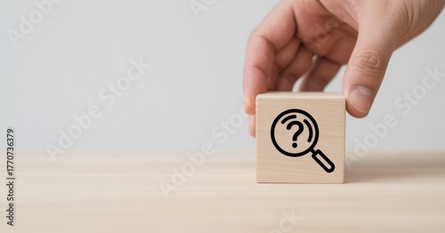 Curiosity Cube: A hand delicately holds a wooden cube etched with a magnifying glass and a question mark. This image invites contemplation and sparks a desire for investigation. 