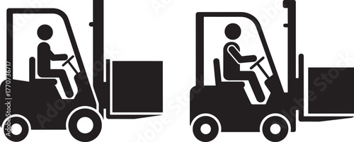 Two forklift trucks with drivers operating in a silhouette style