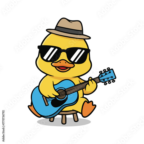 Cool cartoon duck wearing sunglasses and hat playing guitar