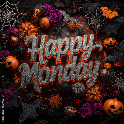 Happy Monday Halloween Greeting with Pumpkins and Spider Webs