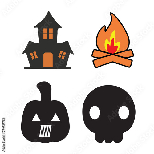vector art halloween one haunted house, one fire place, one mask with one pumpkin set on white background
