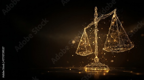 Golden polygonal justice scale made of glowing network lines on dark background