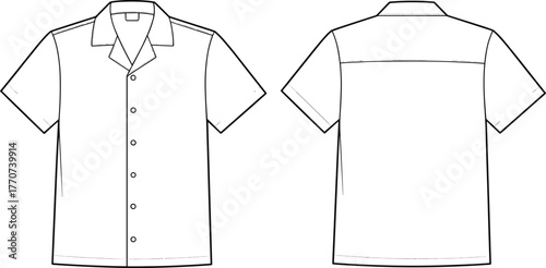 Short Sleeve Camp Collar Shirt Technical Flat Sketch Vector Outline Button-Down Woven Apparel Design Template.