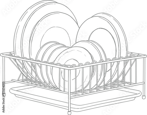 Line art plates in drying rack, kitchenware, dishware