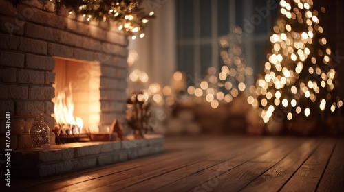 Warm fireplace with glowing Christmas tree lights in cozy living room