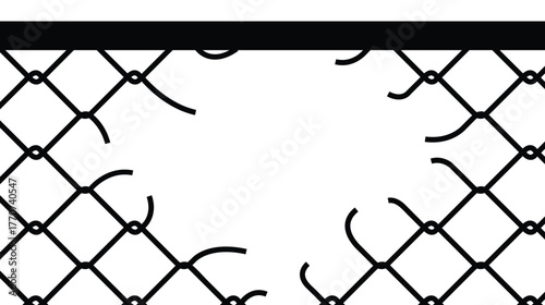 Vector illustration of a broken chain-link fence with a large hole in the center. Thick black lines of the mesh and severed wires are on either side of the gap against a white background. Represents e