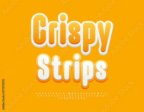 Vector template Crispy Strips for Menu, Cafe, Advertising. Orange and Yellow Elegant Font. Modern style Alphabet Letters and Numbers set