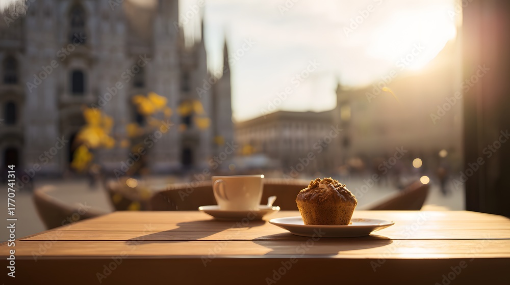 Fototapeta premium Cozy Milan Morning Aromatic Coffee Pastry View of Cathedral Travel Lifestyle Scene Warm Golden Light