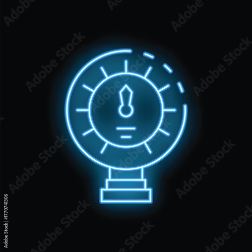 Blue neon sign depicting a roulette wheel on a black background, perfect for themes of gambling, luck, and casino entertainment
