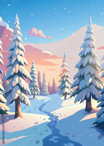 Winter Forest at Dawn – Pink and Blue Sky, Glistening Snow, Peaceful Snowy Landscape