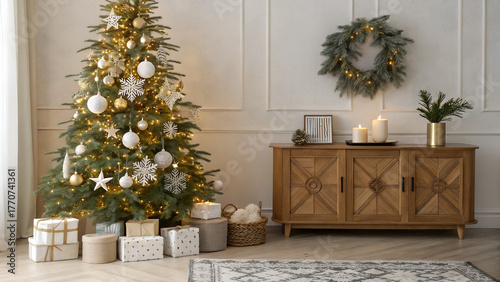 Christmas Living Room, Featuring an Artificial Christmas Tree Adorned with White Spheres and Stars, Alongside Garlands and Gift Boxes, Next to a Wooden Credenza, Natural Light