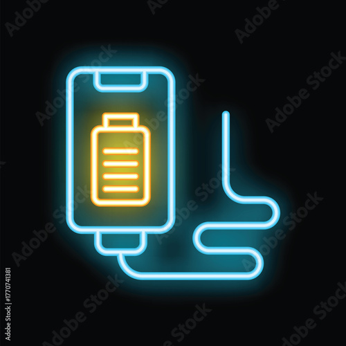 Neon sign of a smartphone charging with full battery icon glowing on a dark background, representing mobile technology and power