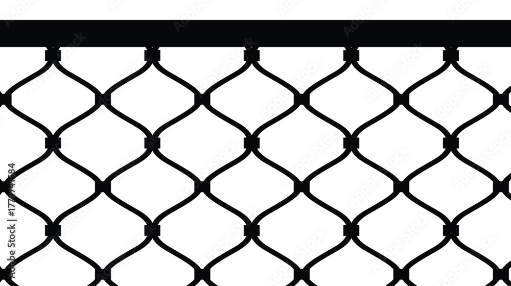 Fototapeta premium Vector illustration of a seamless chain-link fence pattern. Thick black lines form a diamond mesh against a white background, with a solid black top border. Represents security, barrier, or boundary.