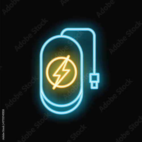 Glowing neon sign of a power bank charging with a lightning bolt symbol, representing portable power and energy