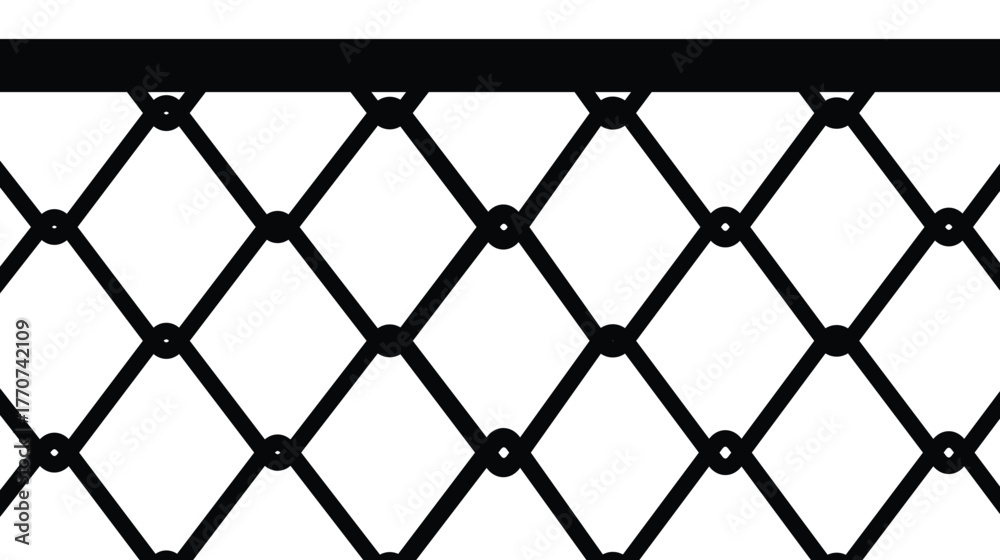 Fototapeta premium Vector illustration of a seamless chain-link fence pattern. Thick black lines form a diamond mesh against a white background, with a solid black top border. Represents security, barrier, or boundary.