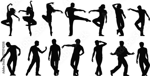 Silhouettes of dancers in various ballet and modern poses, isolated on white background