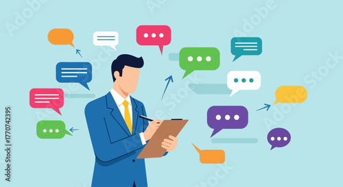 Business communication and feedback concept with a man writing notes surrounded by speech bubbles