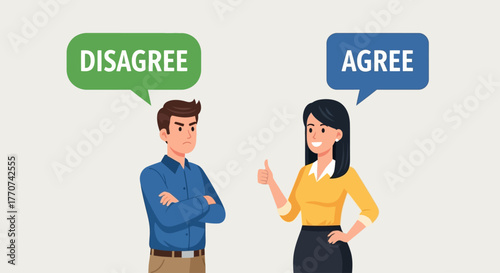 Two people with speech bubbles representing agreement and disagreement, illustrating differing opinions