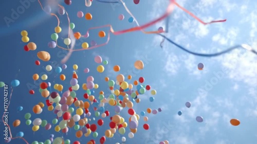 A cinematic scene of multicolor balloons released into the sky, floating joyfully and creating a vibrant, festive atmosphere, capturing the freedom, celebration, and playful energy of the moment