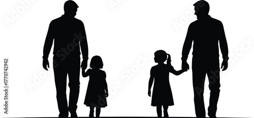 Two fathers walking with their daughters, isolated on white background.