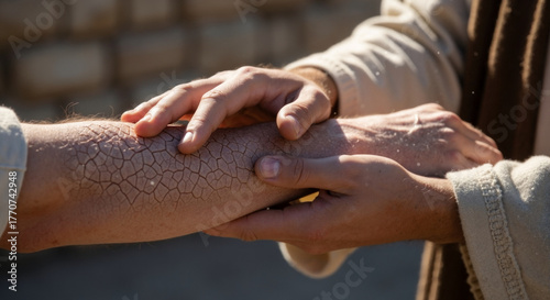Jesus Christ touching and healing a man with leprosy. A biblical scene depicting a miracle of faith and compassion