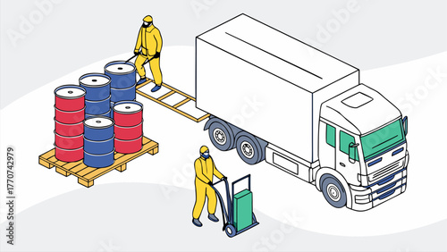 Cartoon isometric scene of toxic waste disposal workers in yellow suits transporting hazardous chemical barrels to truck for removal.