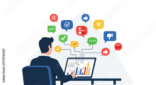 Business analytics and data visualization showing growth and success with icons representing feedback and metrics