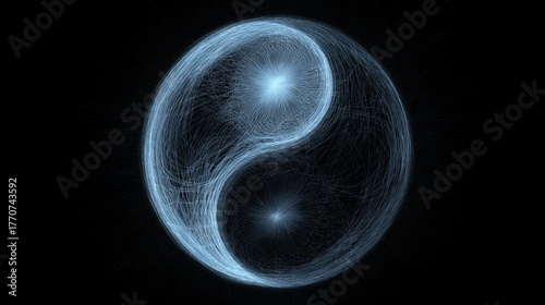 Energy field yin yang made of glowing blue light threads abstract scientific spiritual concept