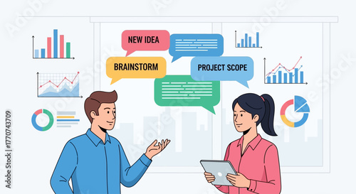 Business professionals discussing ideas and project scope during a brainstorming session with charts and graphs in the background