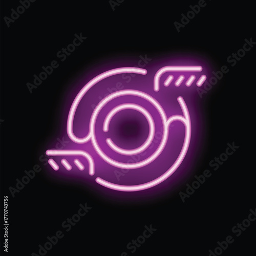 Bright purple neon sign of a spiral vortex with motion lines suggesting it is spinning fast