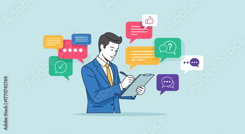 Businessman Writing Notes Surrounded By Speech Bubbles Representing Communication And Feedback