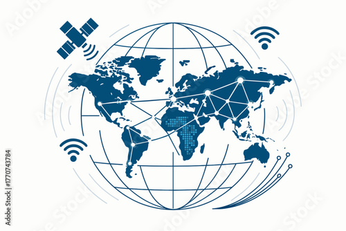Minimal signal satellite nodes global vector connectivity icon network illustration data optic