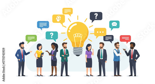 Diverse group of professionals collaborating around a bright idea lightbulb with speech bubbles representing communication and brainstorming
