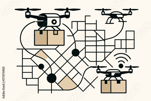 Aerial illustration minimalist map forms robotic drone flight icon minimal signal vector