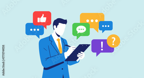 Business professional writing notes surrounded by speech bubbles with various social media icons and questions, representing communication and feedback in a professional setting