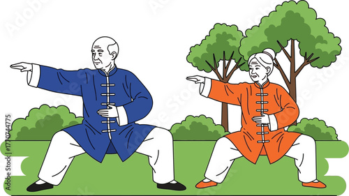 Elderly couple practicing Tai Chi together in a serene park setting.