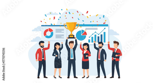 Successful Business Team Celebrating a Victory with a Trophy and Falling Confetti, Illustrating Achievement and Success