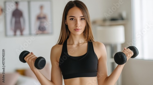 Photo of a strong young woman in sportswear lifting dumbbells while standing in a home gym setup with motivational posters on the wall. Home workout, discipline, and muscle-building concept. 