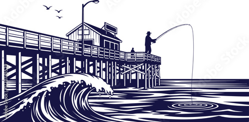 Fisherman casting line from pier into ocean with crashing wave