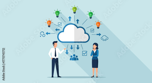 Cloud Computing Collaboration and Innovation with Business People and Lightbulb Ideas