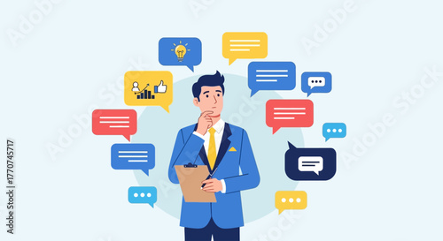 Illustration of a businessman surrounded by thought bubbles representing ideas and communication