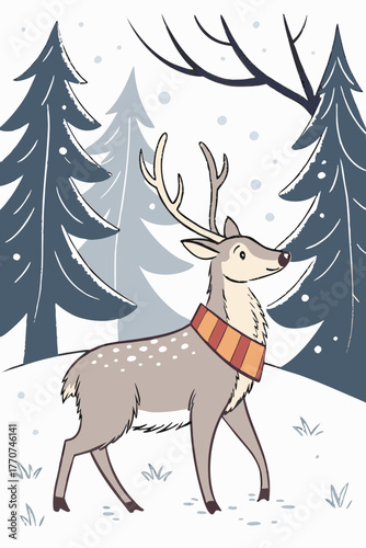 Deer wearing scarf in winter snow forest illustration