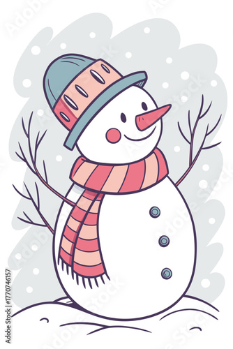 Smiling snowman with scarf, hat and snowy background. A winter illustration